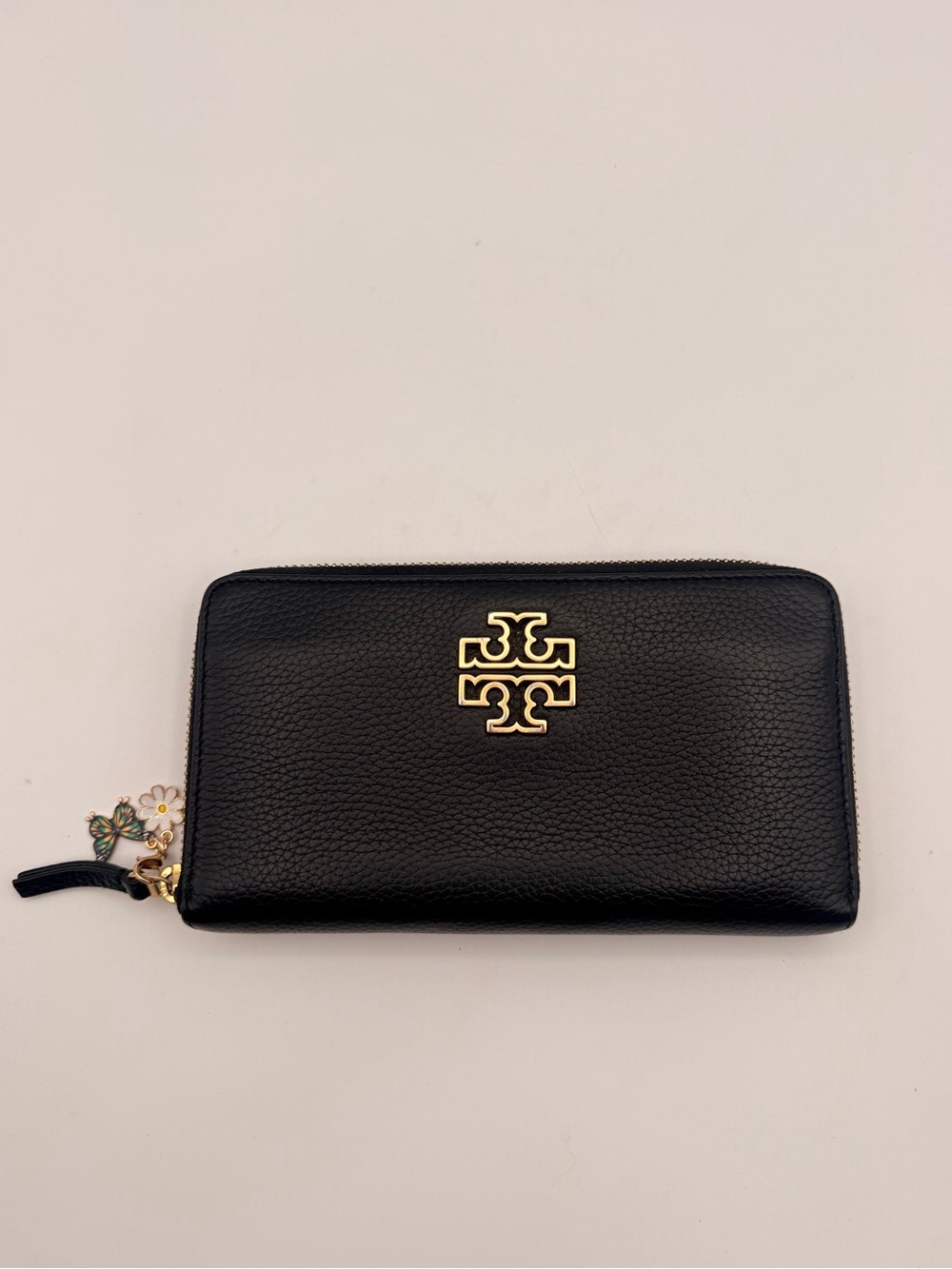 TORY BURCH Black Pebbled Leather Continental Wallet + Butterfly Charm